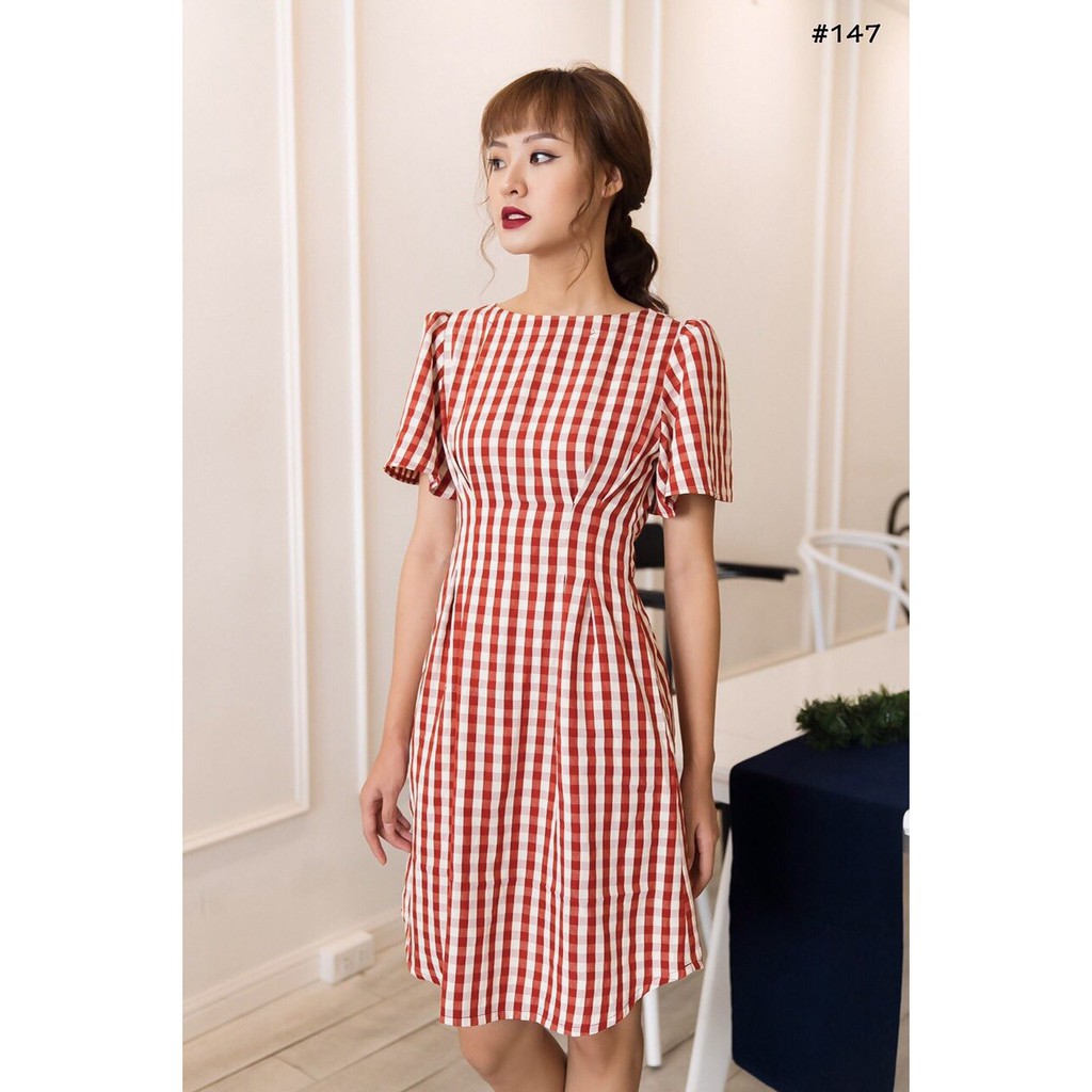 KÈM ẢNH THẬT Đầm Xòe Cổ Vuông Tay Phồng Cột Nơ Lưng Caro Dress Siêu Xinh Đi Làm Đi Chơi Đều Được