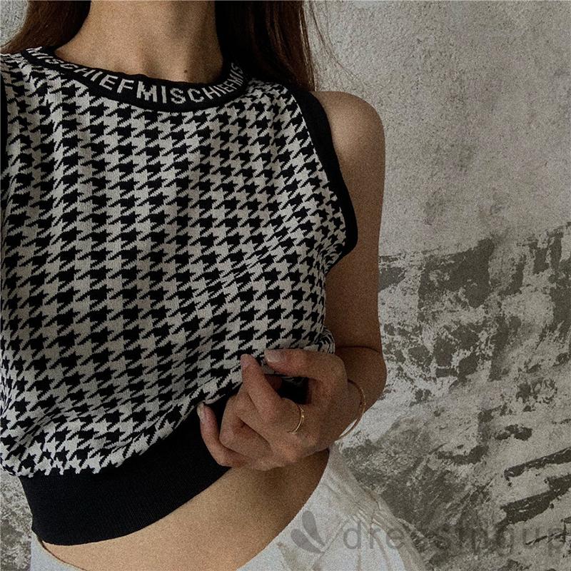 Áo Croptop Dệt Kim Cổ Tròn Không Tay In Chữ Cá Tính Cho Nữ