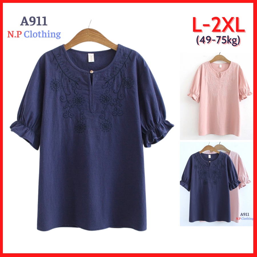 Áo Trung Niên Nữ A911, Mẫu Áo Sơ Mi Thêu Tay Phồng Cổ Tròn Form Rộng Thanh Lịch Bigsize | Thời Trang Trung Niên