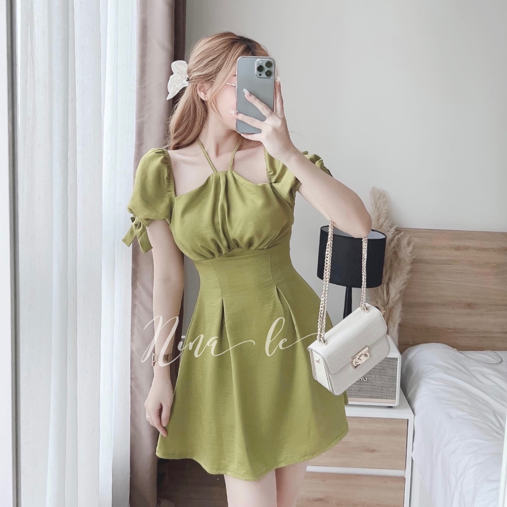 Váy thiết kế cổ yếm - Đầm nữ xinh 2 màu xanh cốm/trắng