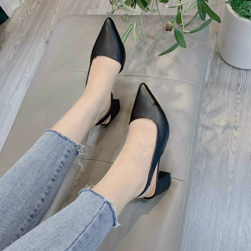 [Xả hàng] Giày sandal bít mũi công sở gót vuông điểm viền vàng kiểu dáng cổ điển