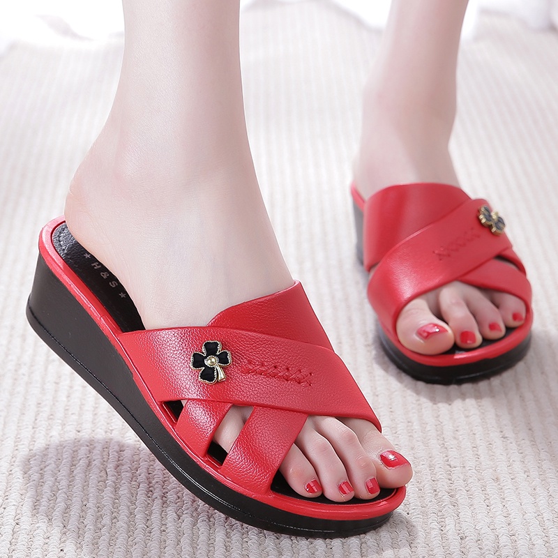 ۞Summer women s wedge sandals, women s outer wear, fashionable waterproof thick-soled high-heel non-slip waterproof ladies slippers, mother shoes