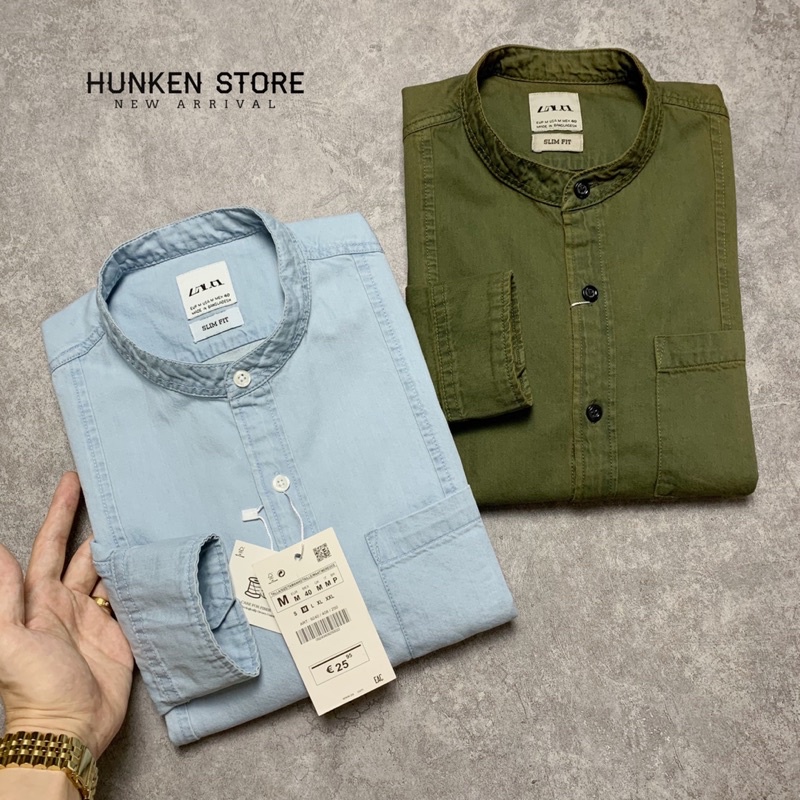 Áo sơ mi nam denim Z.RA cổ trụ tay dài Sơ mi jean cổ tàu có túi chất jeans cao cấp bền màu form chuẩ