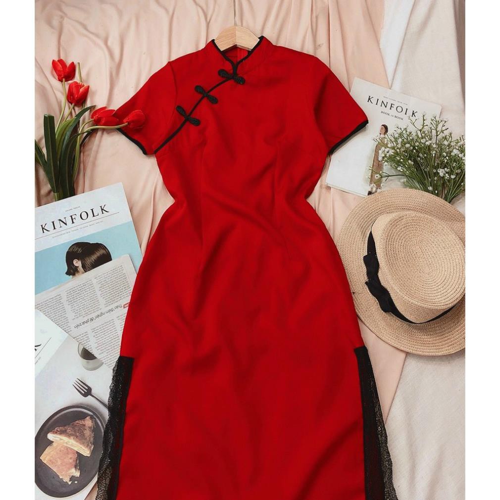 Váy Ôm Body Midi Xẻ Tà, Sườn Xám Cổ Tàu Tay Ngắn Phối Chân Ren Nổi Bật Lạ Mắt Thời Trang Cho Ngày Tết. | BigBuy360 - bigbuy360.vn