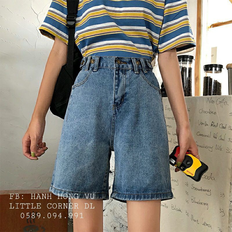 Quần ngố lửng short jean ống rộng lưng cao phối nút hông xếp ly túi form ulzzang kèm ảnh thật