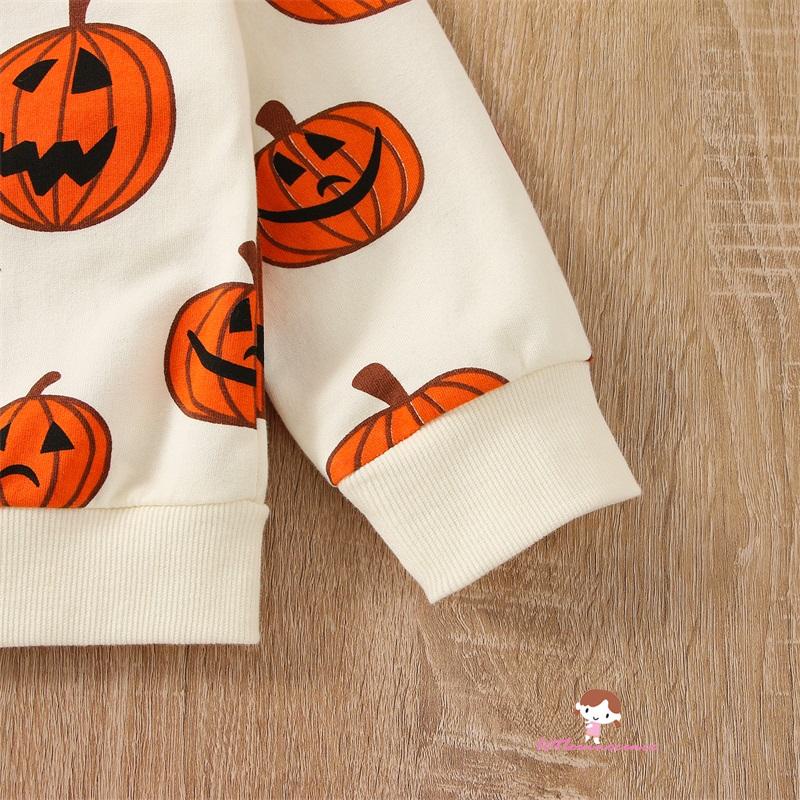 Set Áo Thun Tay Dài In Hình Bí Ngô Và Quần Dài Phong Cách Halloween Cho Bé