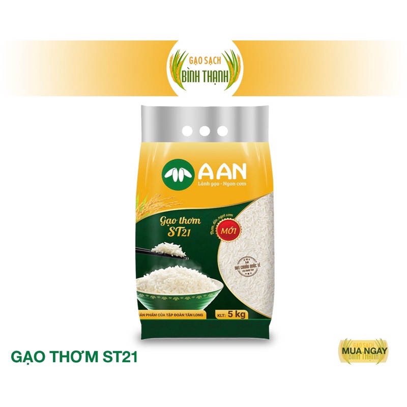 Gạo Thơm ST21 A AN Túi 5Kg - Đặc sản Sóc Trăng - Thơm hoa lài nhẹ, cơm ngọt, rất dẻo, để nguội vẫn mềm