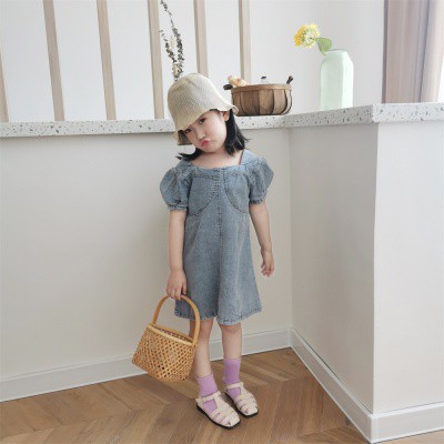 Đầm Denim Tay Phồng Đơn Giản Phong Cách Hàn Quốc Cho Bé Gái