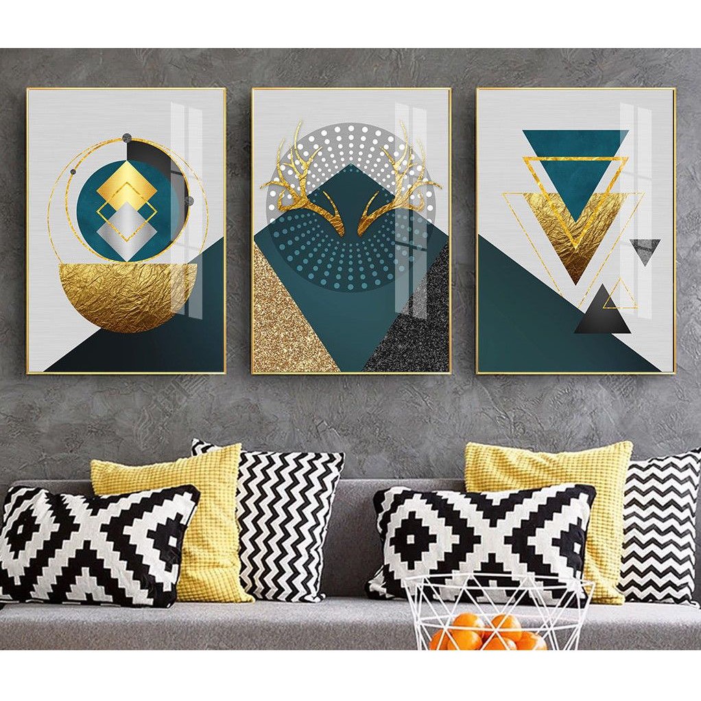 Combo Bộ 3 Tranh Treo Tường Trừu Tượng Hình Học Xanh Cổ Vịt Vàng Sang Trọng Treo Phòng Khách Phòng Bếp - MELYHOME