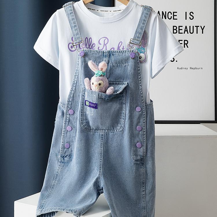 Bộ Áo Thun Cotton Tay Ngắn + Quần Yếm Thời Trang Mùa Hè Cho Bé Gái 3-5 - 8-10 - 12-13 Tuổi