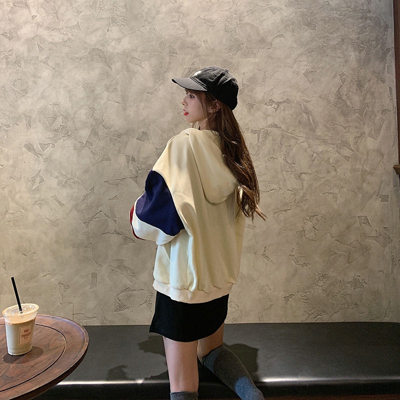 Áo hoodie tay dài phối màu tương phản thời trang Hàn Quốc