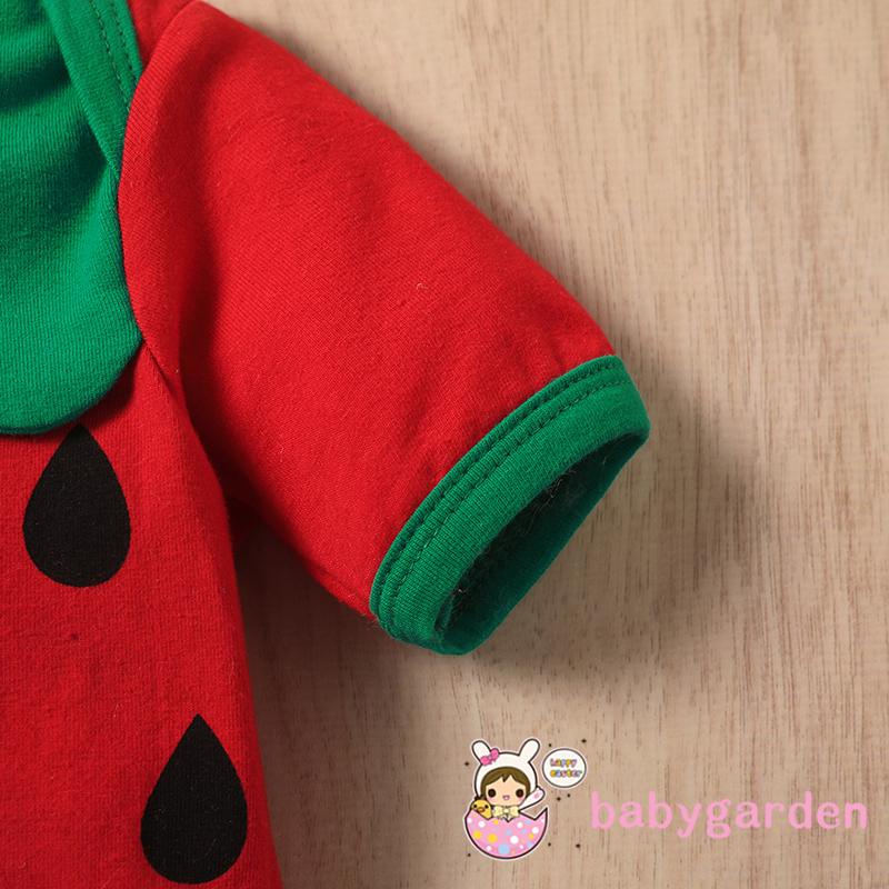 Bộ áo liền quần cổ tròn tay ngắn in hình dưa hấu + chân váy lưng thun màu trơn dễ thương cho bé gái