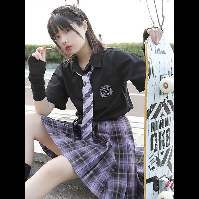 Áo sơ mi ngắn tay thêu mèo Candy jk bộ đồng phục Váy xếp ly nữ sinh viên mùa hè phong cách rộng rãiFGHAC90