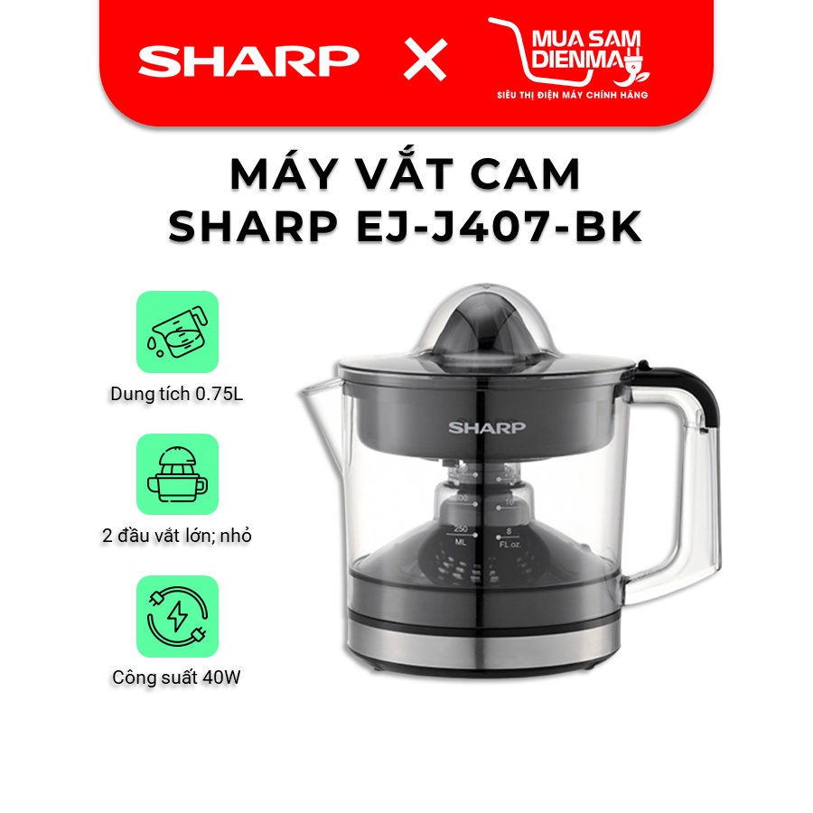 Máy Vắt Cam Sharp EJ-J407-BK Dung Tích 0.75L 40W Tự Động Đảo Chiều 2 Đầu Vắt Siêu Tốc Cao Cấp