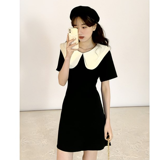 Váy đen dáng dài cổ bèo 2 tầng babydoll tiểu thư đi học công sở chữ A LITTER ROSY DRESS