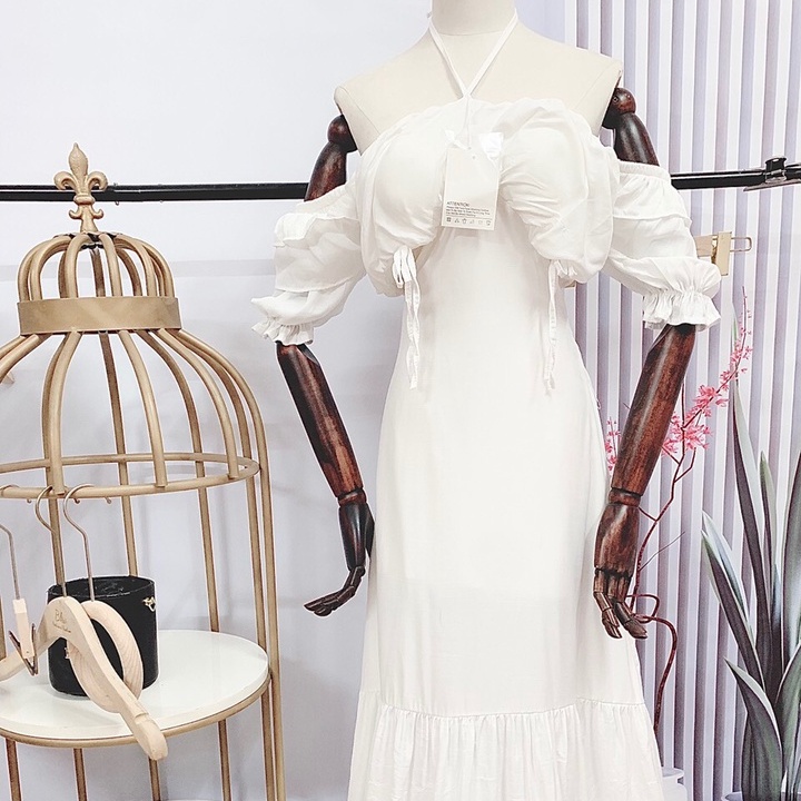 Váy Maxi Đi Biển Hở Lưng Tay Bồng Xoắn Ngực Có Lớp Lót Sinita