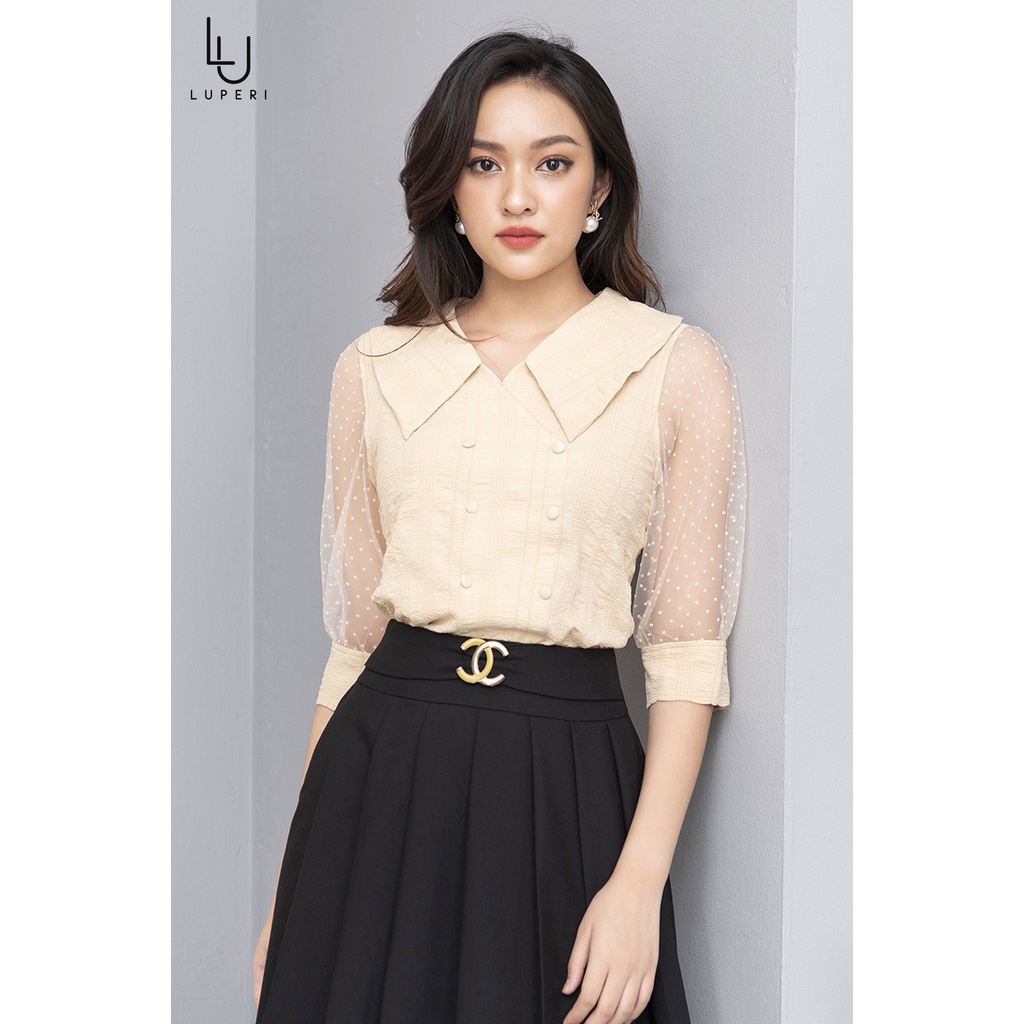 Áo Sơ Mi Thiết Kế Nữ Cao Cấp LUPERI Phối Tay Voan Cách Điệu Cổ Bẻ, Phù Hợp Với Nhiều Loại Trang Phục LFSM1178