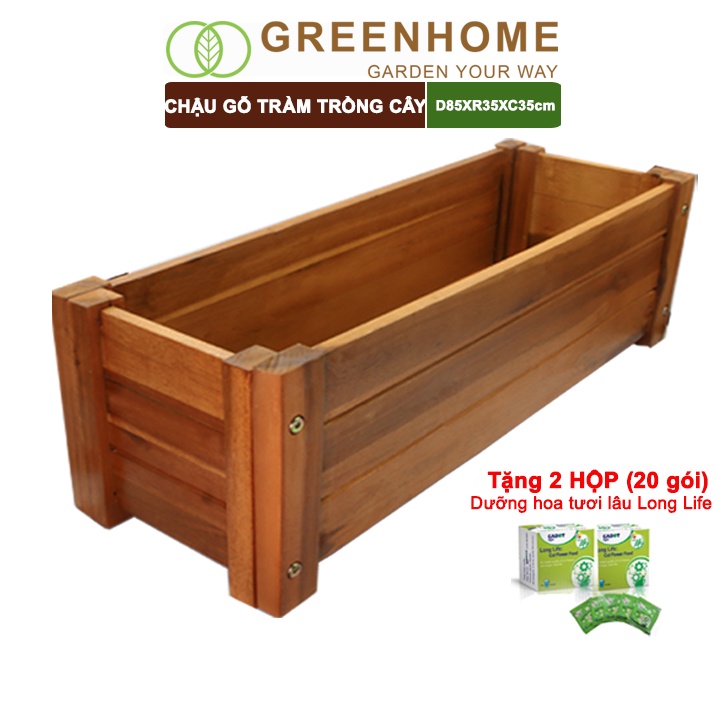 Chậu gỗ trồng cây, chữ nhật, D85xR35xC35cm, gỗ Tràm chịu nước, tặng 2 hộp dưỡng hoa tươi lâu |Greenhome