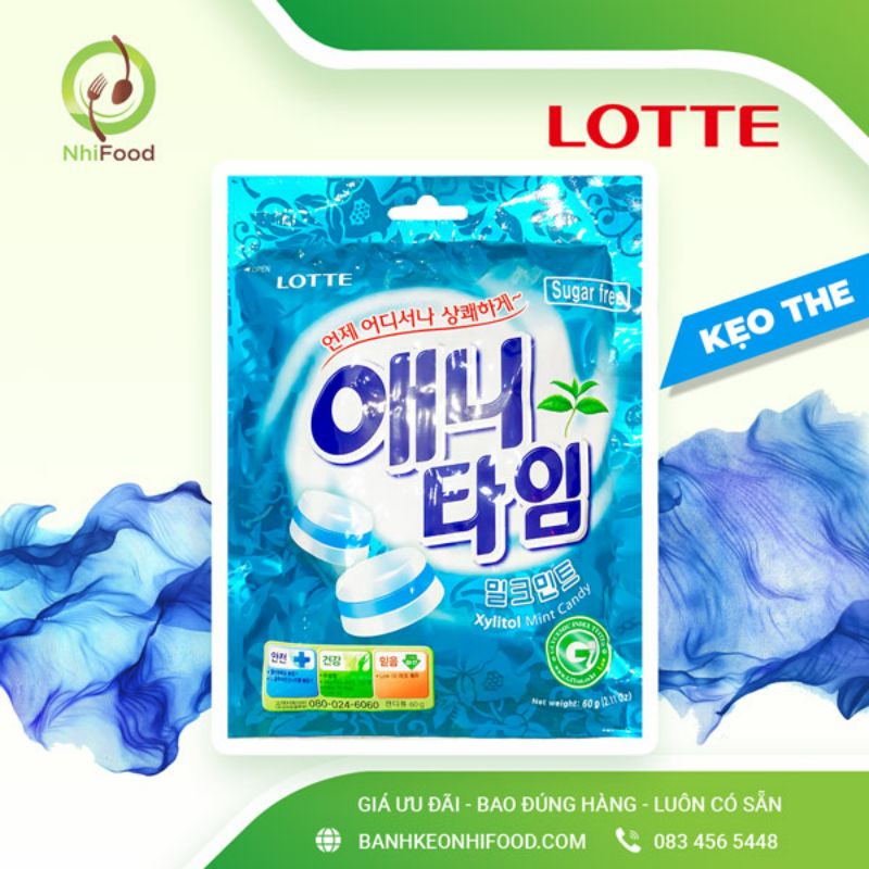Kẹo Ngậm Không Đường Bạc Hà Lotte Anytime, Có 4 Vị, Gói 60g