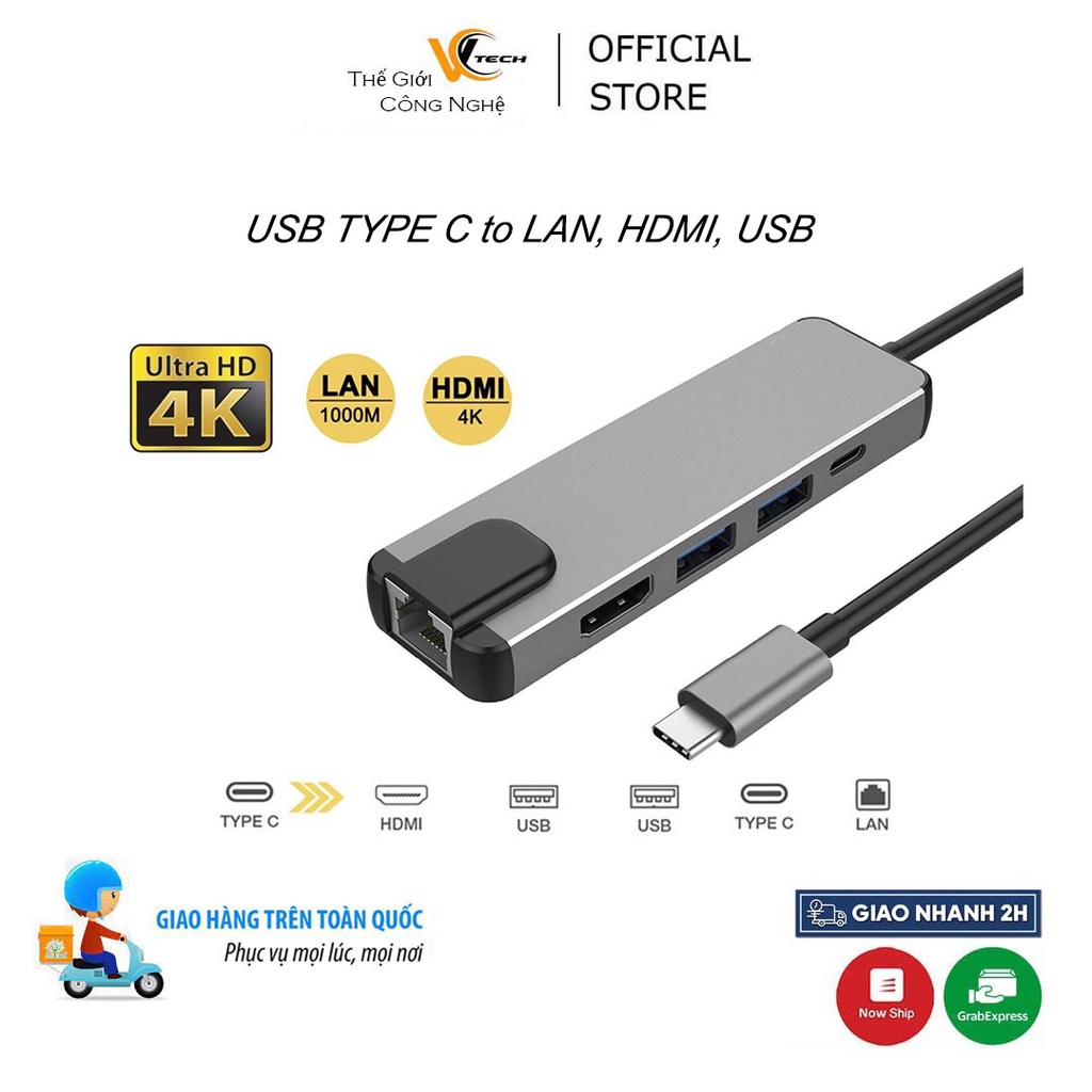 Bộ chuyển đổi HUB USB Type-C to HDMI, USB 3.0, SD, TF, RJ45, PD Type-C cho Laptop Macbook