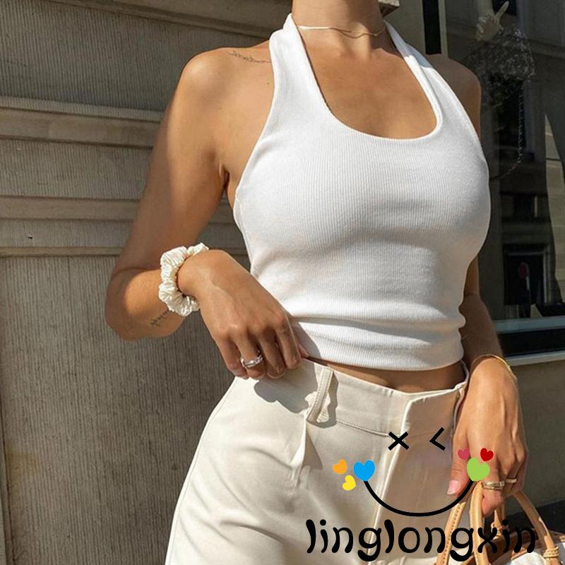 Linglongxi2-Women´s Halter Neck Tank Tops, Classic Sleeveless Solid Color Slim Fit Ribbed Crop Tops