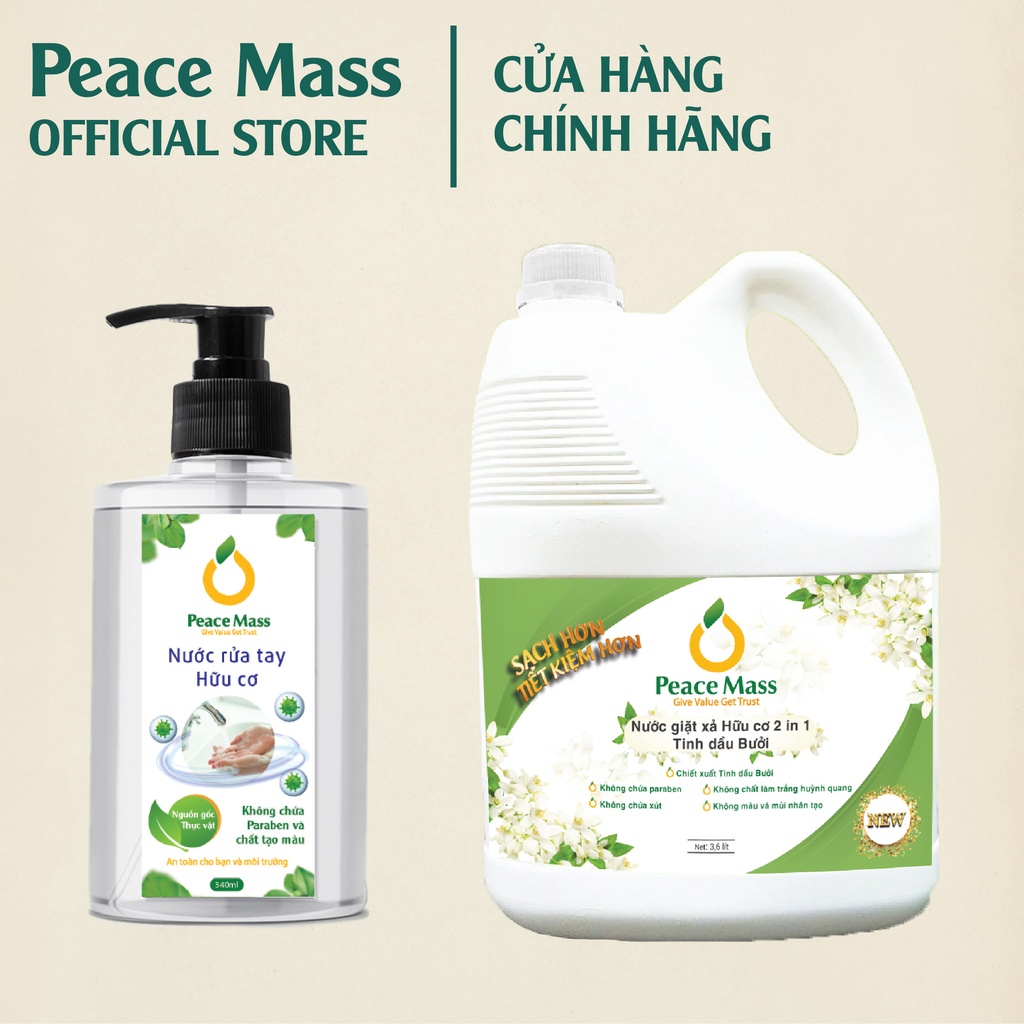 [Mã BMBAU50 giảm 10% đơn 99k] NGB2 Combo Hữu Cơ Peace Mass Nước Giặt Xả 2 in 1 3.6 lít + Nước Rửa Tay 340ml