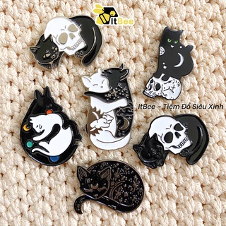 (ĐV037-042) Pin cài áo, ghim cài balo, huy hiệu kim loại chú mèo đen bên đầu lâu