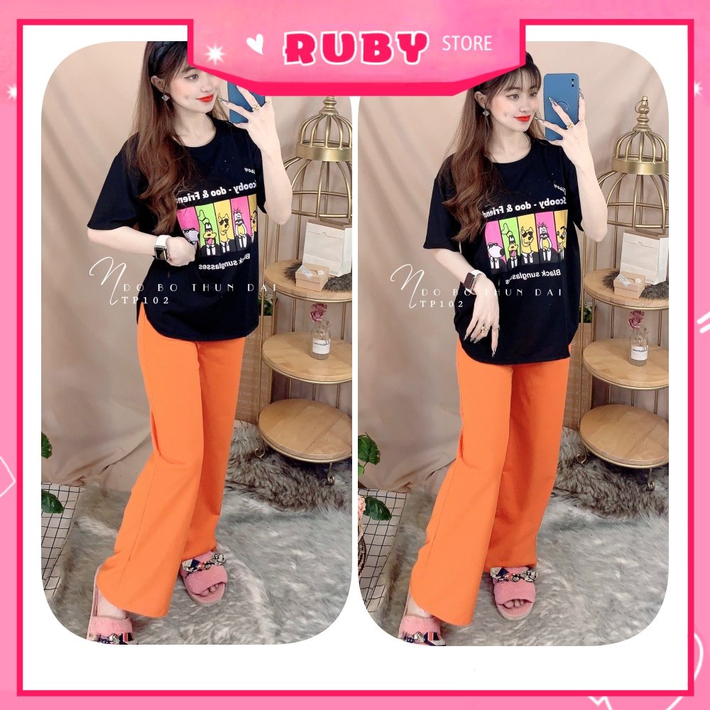 Đồ bộ thun quần dài ống suông cho nữ mặc nhà chất thun mềm mát in hình hoạt hình dễ thương TP102