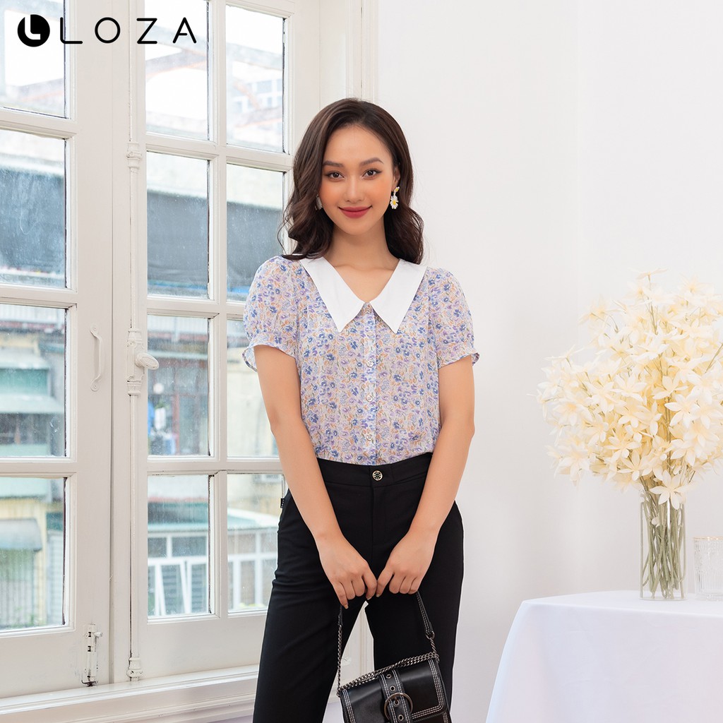 [Mã FASHIONMALLT4 giảm 15% đơn 150k] Áo sơ mi nữ LOZA họa tiết hoa nhí cổ lá - LS1446