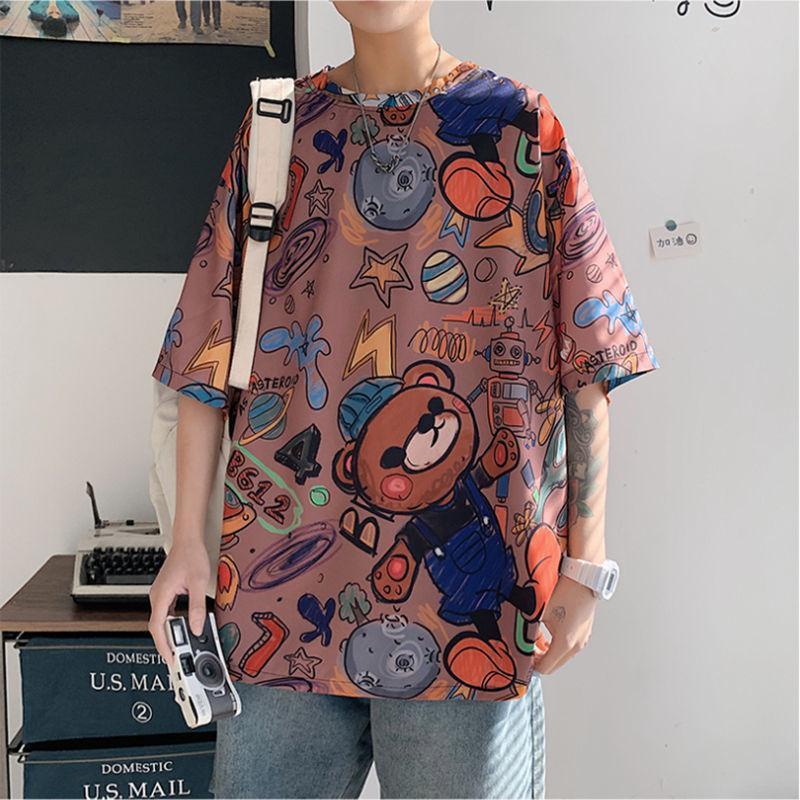 Áo Thun Nam Tay Ngắn Cổ Tròn In Hình Gấu Hoạt Hình Phong Cách Hồng Kông Thời Trang Mùa Hè 12 Cho Nam