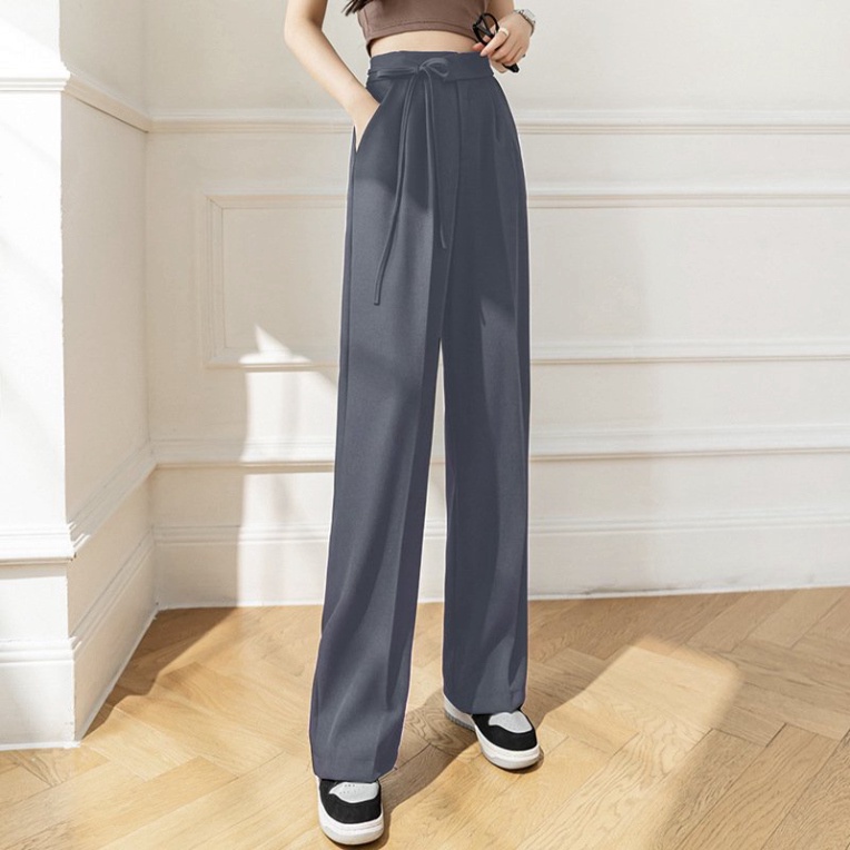 Quần suông công sở ống rộng có nơ thắt cạp cao hack dáng mặc đi làm đi học