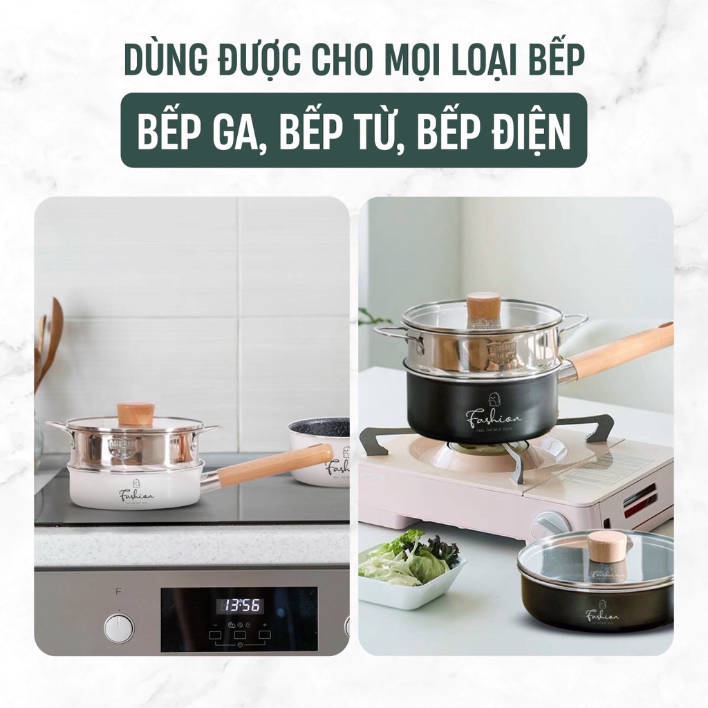Bộ nồi chảo ăn dặm cho bé fashion khủng long 16cm kèm xửng hấp luvamo (cán lắp sẵn)