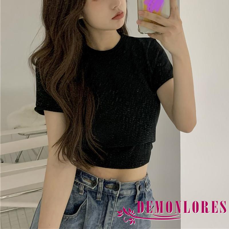 Áo thun tay ngắn cổ tròn hở lưng màu sắc đơn giản cho nữ