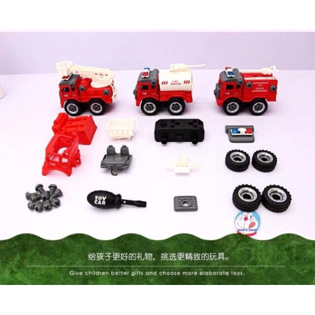 Đồ Chơi Set 4 chiếc xe ô tô cứu hoả bằng nhựa, có thể tháo lắp, tăng cường khả năng sáng tạo