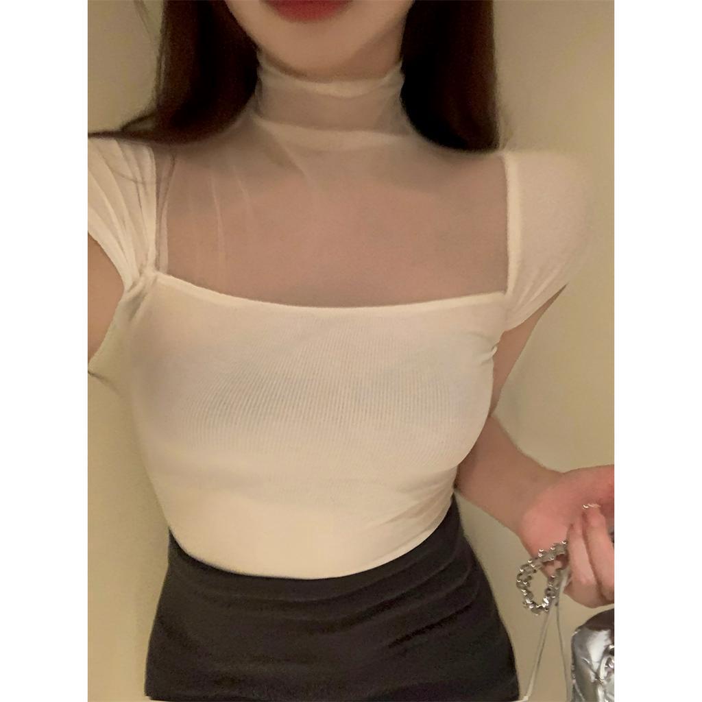 qkoole Áo Thun Nữ Ngắn Tay Cổ Cao Thời Trang Hàn