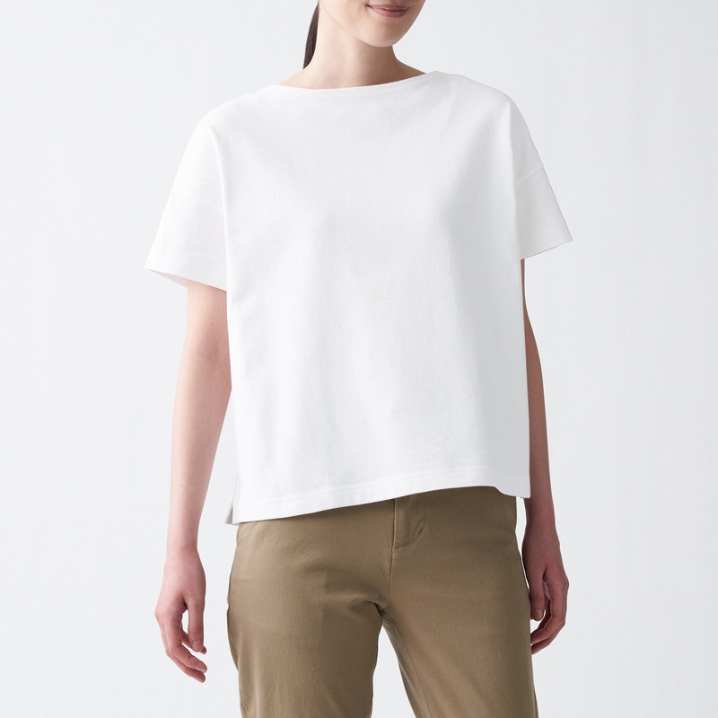 Muji Áo Thun Vải Jersey Sợi Dày Cổ Thuyền