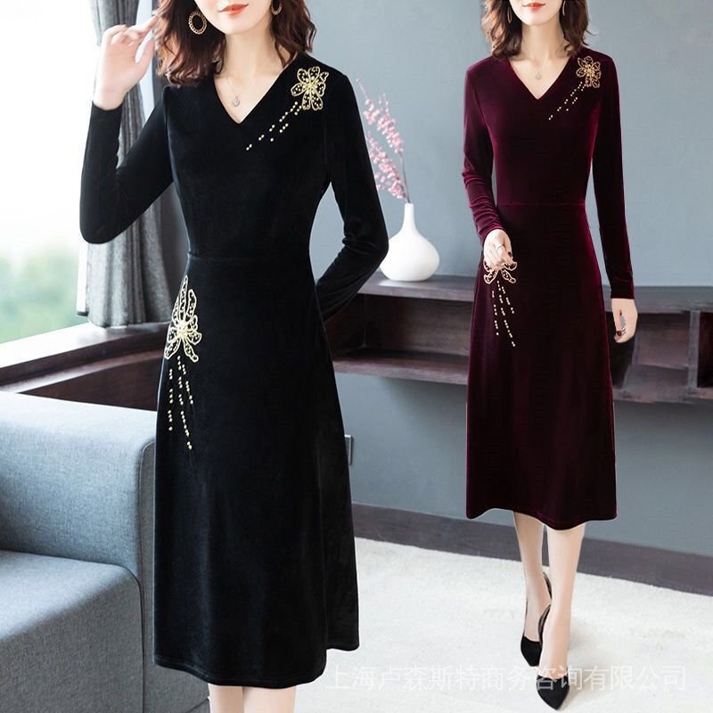 Đầm Nhung Thêu Tay Dài Phong Cách Retro Plus Size Thời Trang Xuân Thu Dành Cho Nữ 2022