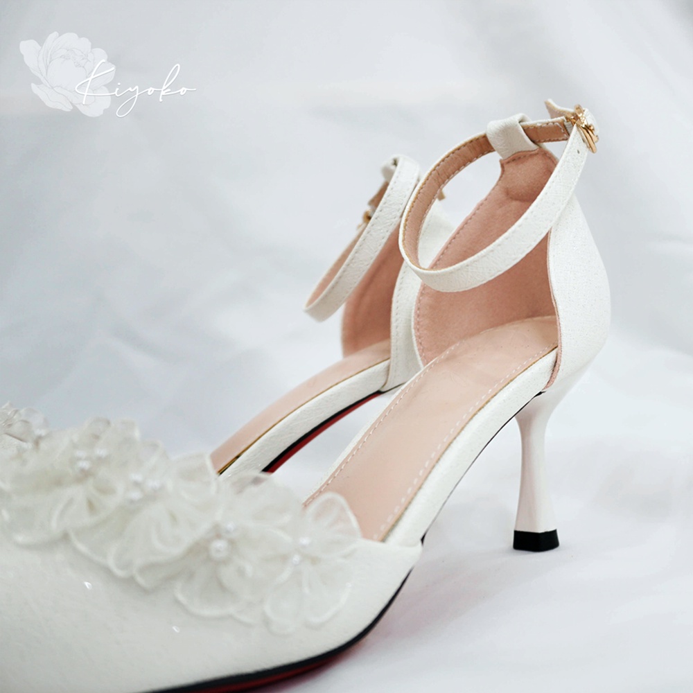 Giày cưới cô dâu đính hoa kết cườm cao 7cm