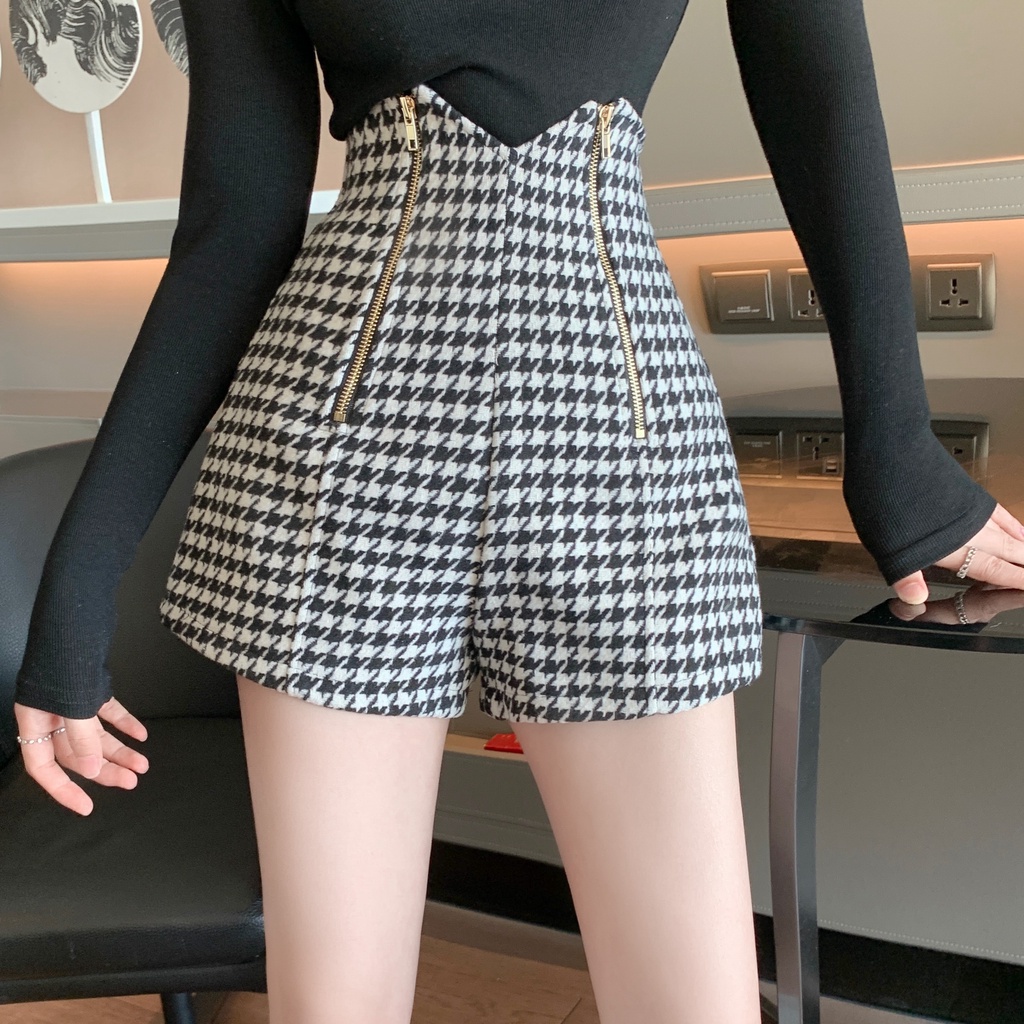 Quần đùi nữ cạp cao thu đông quần ống rộng họa tiết houndstooth dáng chữ A eo thon gọn