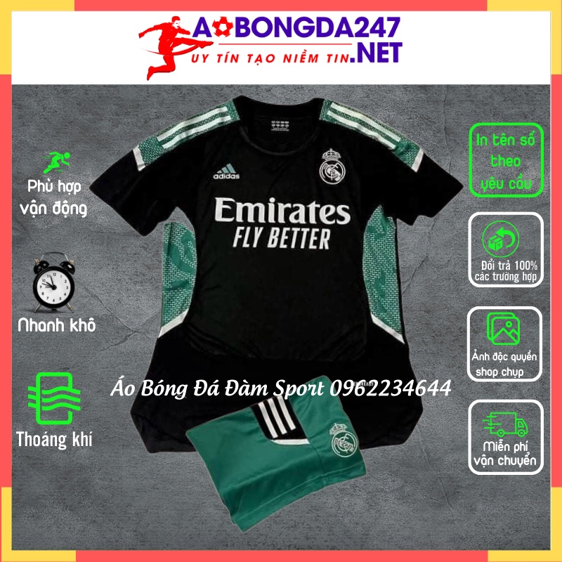 Bộ Đồ Bóng Đá CLB Real Madrid 2021/2022 Đen Sườn Xanh Lá , Quần Áo Real Training Vải Mè Thái Đẹp