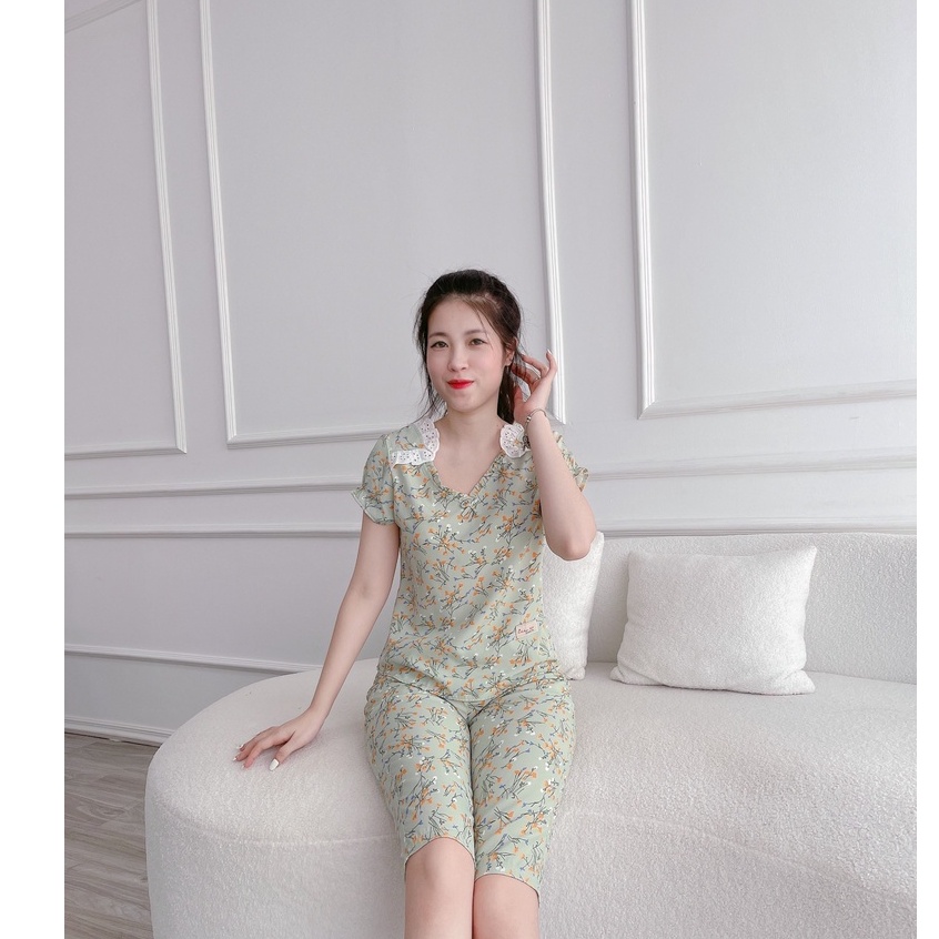 Bộ mặc nhà chất lụa mềm lửng 1 nơ hoa
