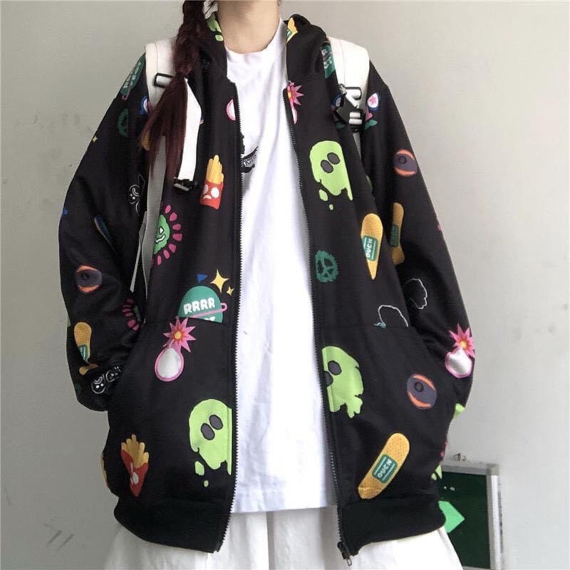 Áo Hoodie Zip Nỉ Bông Hoạ Tiết Ảnh Thật