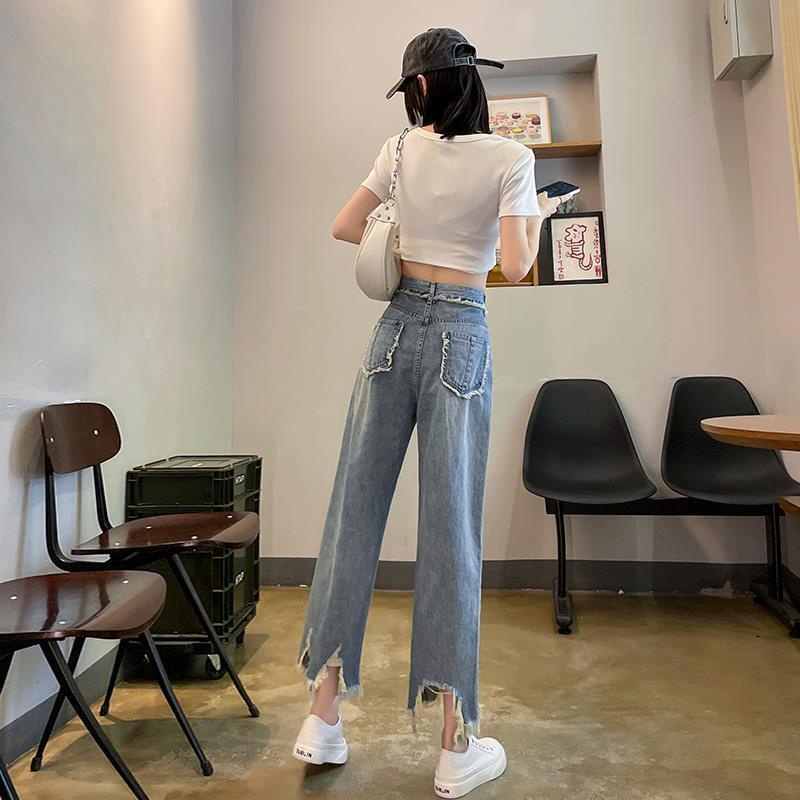 Quần Jeans Nữ Lưng Cao Dáng Rộng Rách Gối Cá Tính