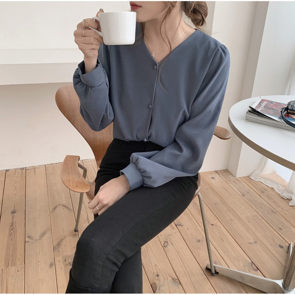 Áo Sơ Mi Tay Dài Cổ Chữ V Màu Trơn Dành Cho Nữ 38597