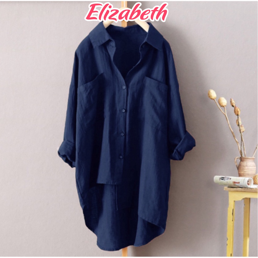 Áo sơ mi nữ dài tay tà lệch form rộng bigsize Elizabeth chất liệu đũi tơ mềm mát SMH.31