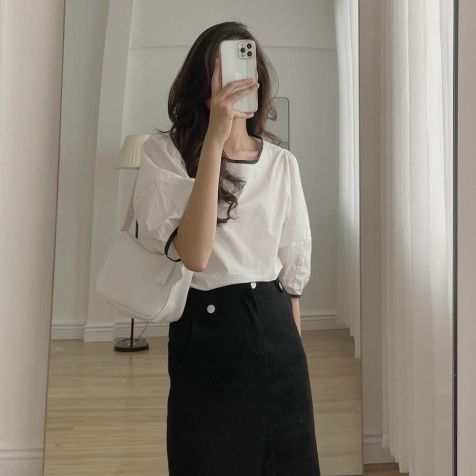 Áo kiểu hàn quốc A.213, áo kiểu nữ tay lỡ bồng cổ tròn viền đen trơn cực xinh | BigBuy360 - bigbuy360.vn