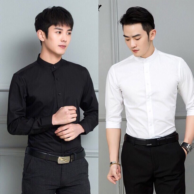 Áo Sơ Mi Nam Chất Cotton Trơn Mát Cổ Trụ Dáng Hàn Quốc Chuẩn Đẹp Sang Trọng VNICESTORE