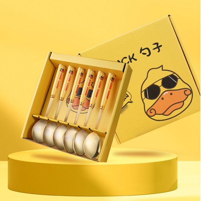 Hộp 6 chiếc thìa ăn cho bé, muỗng ăn đồ tráng miệng bằng thép không gỉ màu vàng hình vịt nhỏ