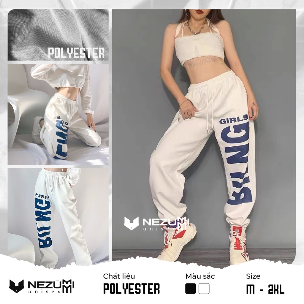 (Sẵn Đen, Trắng) Quần jogger suông ống rộng in chữ BLING unisex nam nữ cá tính thể thao hip hop dance đường phố