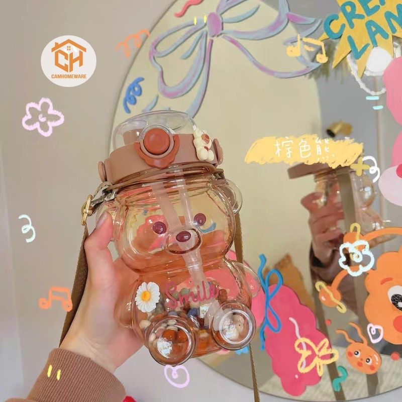 Bình Nước Gấu Có Ống Hút Kèm Dây Đeo Cực Dễ Thương